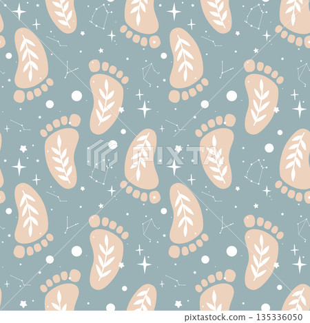 Seamless pattern with boho baby feet with leaves and celestial symbols. Newborn footprints vector background 135336050