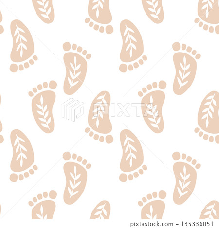 Seamless pattern with boho baby feet with leaves and celestial symbols. Neutral beige palette. Newborn footprints vector background Seamless pattern with boho baby feet with leaves and celestial symbols. Neutral beige palette. Newborn footprints vector background 135336051