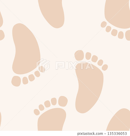 Baby feet seamless pattern. Baby footprint in neutral beige color on white background. Vector illustration 135336053