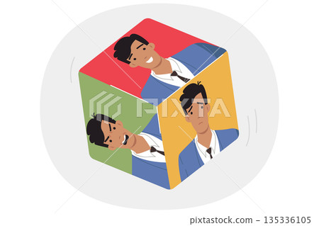 Emotional man on different dice dice, for concept chaotic emotions and bipolar disorder in behavior Emotional man on different dice dice, for concept chaotic emotions and bipolar disorder in behavior 135336105