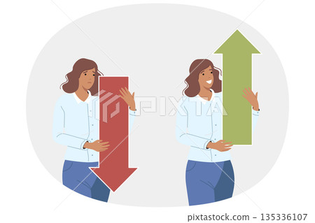 Woman business analyst holds up and down arrows, demonstrating growth or fall of company income Woman business analyst holds up and down arrows, demonstrating growth or fall of company income 135336107