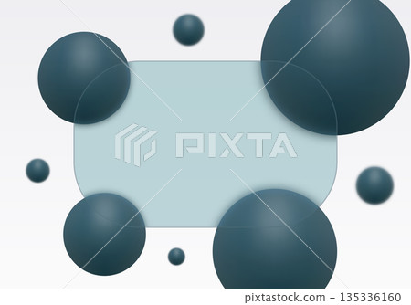 Dark blue matte spheres behind a glass morphism panel on a light background. Eps 10 135336160