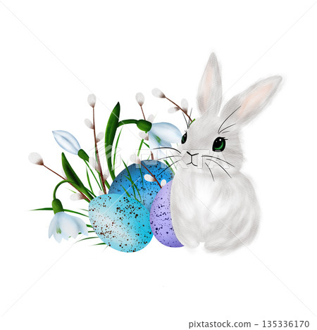 Easter composition with a white rabbit, colourful eggs, snowdrop flowers and willow vines 135336170
