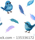 Beautiful blue birds, multicolored feathers on a white background, seamless delicate pattern 135336172