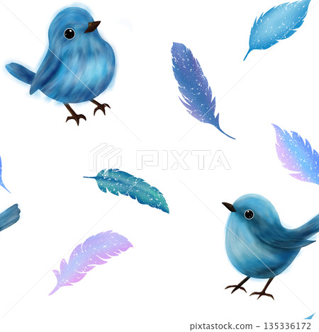 Beautiful blue birds, multicolored feathers on a white background, seamless delicate pattern 135336172