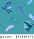 Beautiful blue birds,multicolored feathers on a blue and green background, seamless delicate pattern 135336173