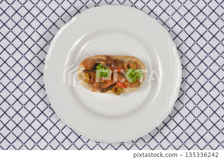 Caponata Bruschetta on White Plate Caponata Bruschetta on White Plate 135336242