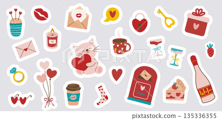 A Set of cute love stickers set for daily planner and diary. Cute hearts, champagne, balloons, gifts, cat, mailbox and coffee cups. Flat vector illustrations isolated on white background. 135336355