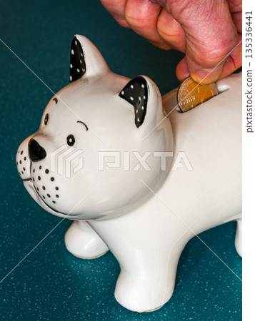 Hand inserting euro coin into white ceramic dog piggy bank on blue background Hand inserting euro coin into white ceramic dog piggy bank on blue background 135336441