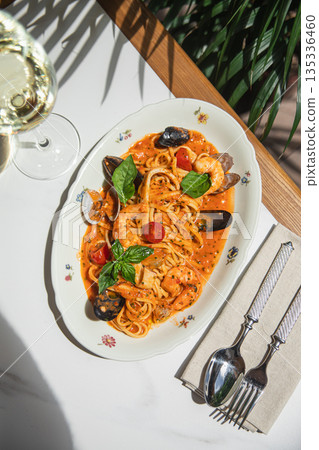 Seafood pasta with shrimp mussels and sauce 135336460