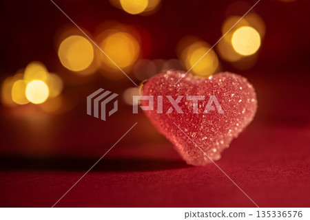 Pink Sugar Heart on Red Background with Bokeh Lights. Valentine's Day Celebration Pink Sugar Heart on Red Background with Bokeh Lights. Valentine's Day Celebration 135336576