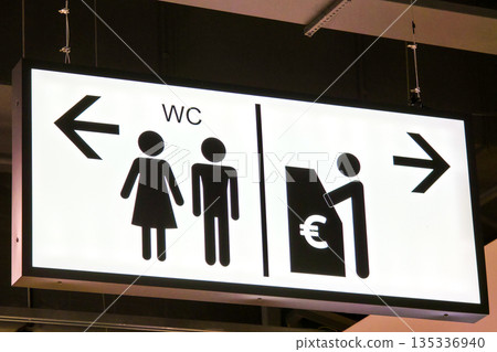 Public restroom directional sign with male and female icons and ATM pictogram Public restroom directional sign with male and female icons and ATM pictogram 135336940