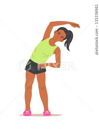 School girl doing morning exercise isolated on white 135336981
