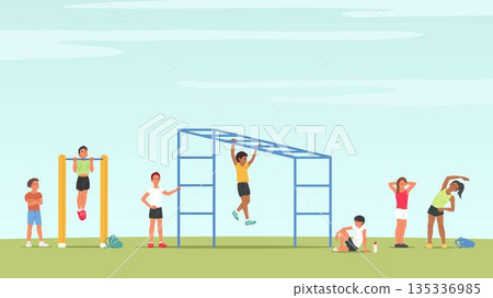 Children outdoor workout banner with kids exercising on playground 135336985
