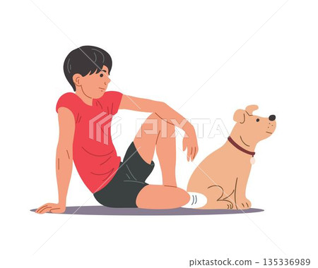 Boy sitting with dog isolated on white background Boy sitting with dog isolated on white background 135336989