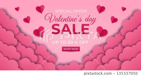 Valentine's Day vector banner in cut paper style with hearts and clouds, design for sale, discount and special offers, illustration for advertising, websites, social media. Valentine's Day vector banner in cut paper style with hearts and clouds, design for sale, discount and special offers, illustration for advertising, websites, social media. 135337050
