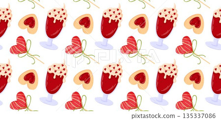 Seamless Valentine dessert pattern with heart cookie, berry cream drink and candy lollipop. Cute flat style illustration background for gift wrap, cards, textiles and romantic design. Seamless Valentine dessert pattern with heart cookie, berry cream drink and candy lollipop. Cute flat style illustration background for gift wrap, cards, textiles and romantic design. 135337086