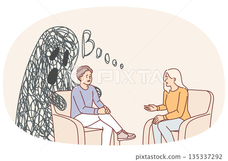Man and psychotherapist sit in chair talking about fears and problems that interfere Man and psychotherapist sit in chair talking about fears and problems that interfere 135337292