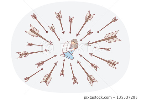 Arrows attack praying woman, kneels and asks god for protection from adverse circumstances 135337293