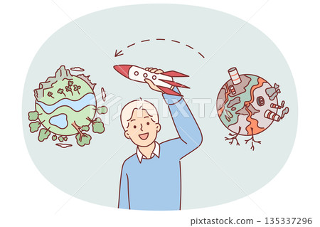 Boy dreams ecological migration, which will allow to leave polluted planet and fly away on rocket 135337296