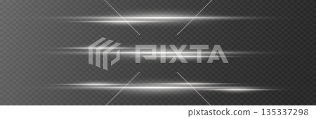 Collection of white light lines, laser horizontal effect. On a transparent background. 135337298
