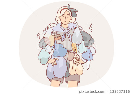 Woman wearing clothes from trash draws attention to problem recycling waste to care for environment Woman wearing clothes from trash draws attention to problem recycling waste to care for environment 135337316