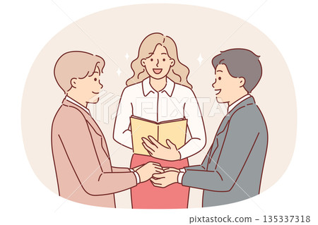 Gay men at wedding ceremony and creation new family, standing near woman registering LGBT marriage 135337318