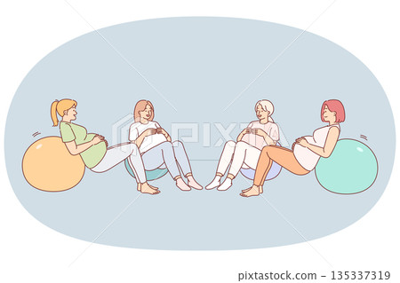 Pregnant women do fitball exercise during group classes to prepare for childbirth and improve health 135337319