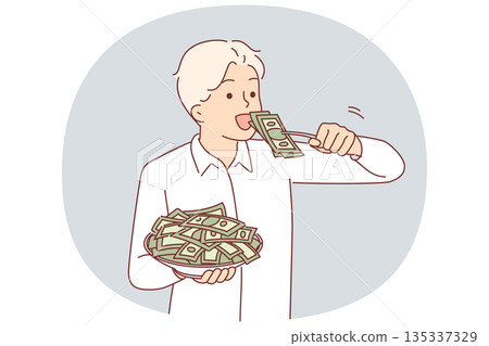 Greedy man eats money from plate, symbolizing greed and ambition for wealth or big salary Greedy man eats money from plate, symbolizing greed and ambition for wealth or big salary 135337329