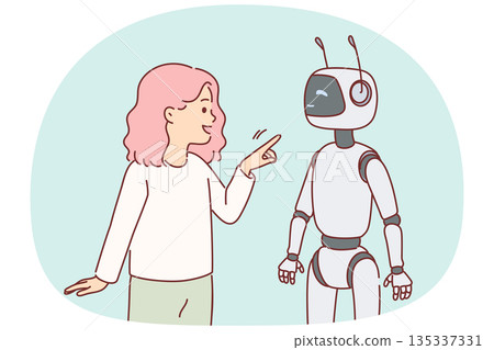 Robot nanny near little girl playing with cyborg and considering bot best friend 135337331