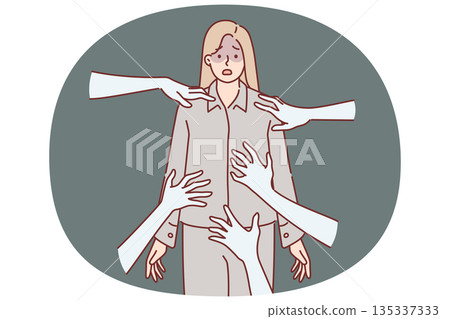 Nightmare of frightened girl standing in pajamas among hands of resurrected monsters Nightmare of frightened girl standing in pajamas among hands of resurrected monsters 135337333