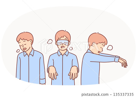 Little boy with sleepwalking syndrome stands in different poses, dressed in pajamas Little boy with sleepwalking syndrome stands in different poses, dressed in pajamas 135337335