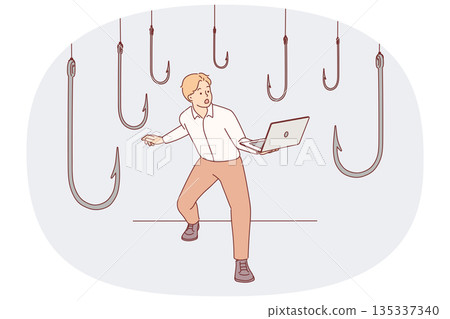 Trap hooks around man with laptop as metaphor for dangers of deception and scammers on internet 135337340