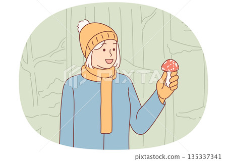 Woman mushroom picker found toadstool in forest and risks becoming victim poisonous fungus 135337341