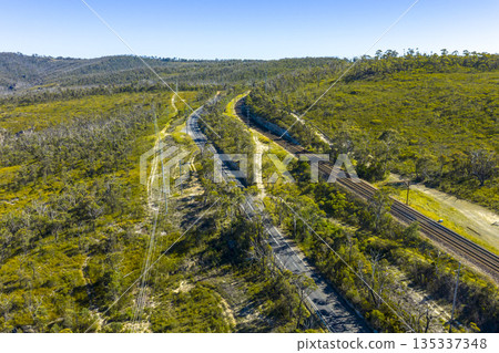 Drone aerial photograph of the Darling Causeway highway in the Blue Mountains Drone aerial photograph of the Darling Causeway highway in the Blue Mountains 135337348