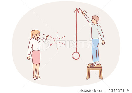 Business people argue about importance concentration and unfocusing, drawing diagrams on wall Business people argue about importance concentration and unfocusing, drawing diagrams on wall 135337349