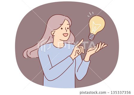 Inspired woman comes up with idea to save energy resources, stands near giant lamp Inspired woman comes up with idea to save energy resources, stands near giant lamp 135337356