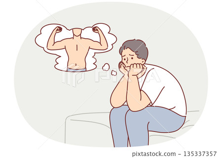 Overweight man presents own beautiful body after visiting fitness club or nutritionist 135337357