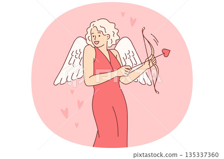 Cupid woman dressed up with wings for valentine day, uses with arrow and bow to seduce boyfriend Cupid woman dressed up with wings for valentine day, uses with arrow and bow to seduce boyfriend 135337360