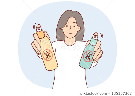 Mosquito spray in hands of woman protecting herself from blood-sucking insects that cause itching 135337362