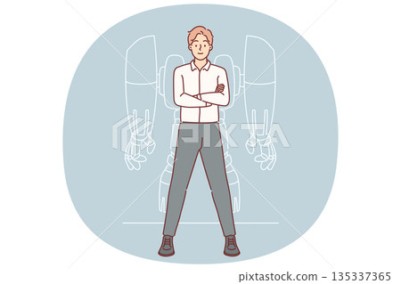 Businessman with robot exoskeleton stands with arms crossed and proud synergy with modern technology Businessman with robot exoskeleton stands with arms crossed and proud synergy with modern technology 135337365