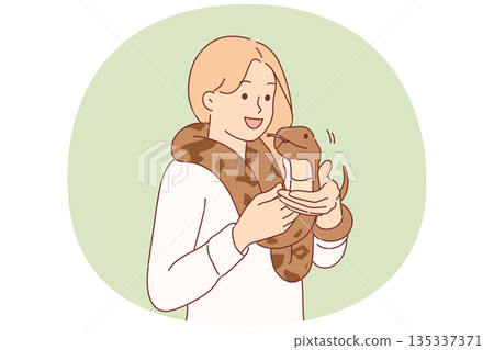 Woman with long snake around neck poses for photo with dangerous reptile predator 135337371