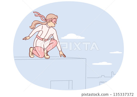 Little girl plays superhero sitting on roof and dreams of saving city residents from attackers Little girl plays superhero sitting on roof and dreams of saving city residents from attackers 135337372