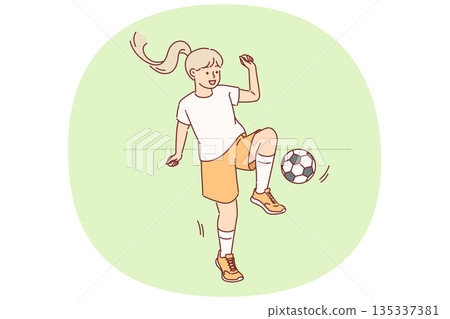 Little girl plays football with ball during outdoor training session preparing for school tournament Little girl plays football with ball during outdoor training session preparing for school tournament 135337381