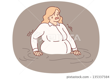 Business woman drowning in water needs help, symbolizing overload at work and lack of prospects Business woman drowning in water needs help, symbolizing overload at work and lack of prospects 135337384