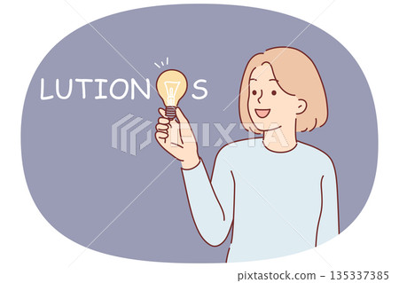 Woman who came up with solution holds light bulb in hand, symbolizing new idea to energy efficiency Woman who came up with solution holds light bulb in hand, symbolizing new idea to energy efficiency 135337385