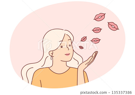 Woman blows kisses attract attention of guy likes or to confess love to future groom 135337386