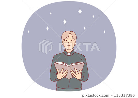 Man priest reads gospel for christian catholics with smile training to become church employee Man priest reads gospel for christian catholics with smile training to become church employee 135337396