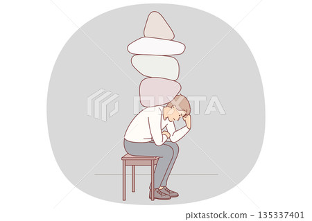 Depressed man with stones on back experiencing stress and discomfort due to heavy workload Depressed man with stones on back experiencing stress and discomfort due to heavy workload 135337401