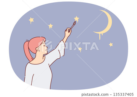 Woman draws stars in night sky, dreaming visiting space or seeing clear evening firmament above head Woman draws stars in night sky, dreaming visiting space or seeing clear evening firmament above head 135337405